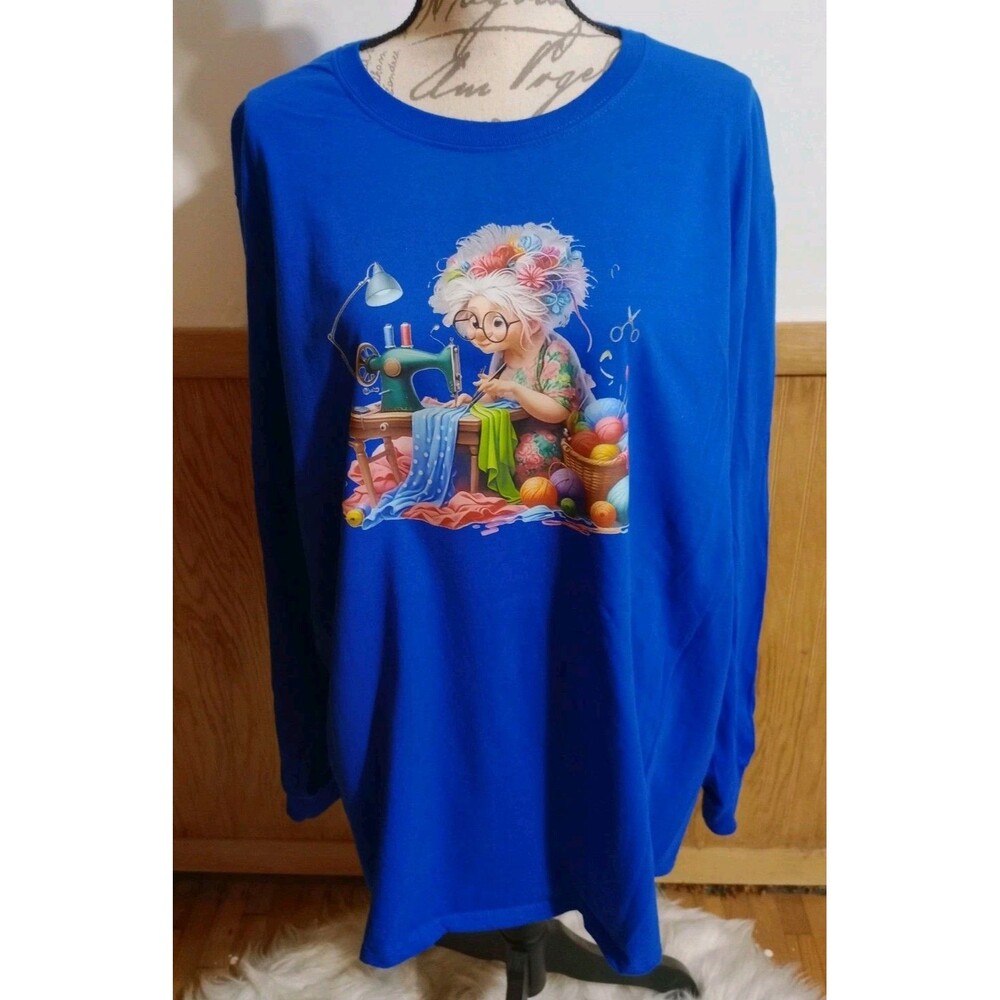 Handmade Women's Crew Neck LS Navy Graphic T-Shirt Sewing Lady Sz XL